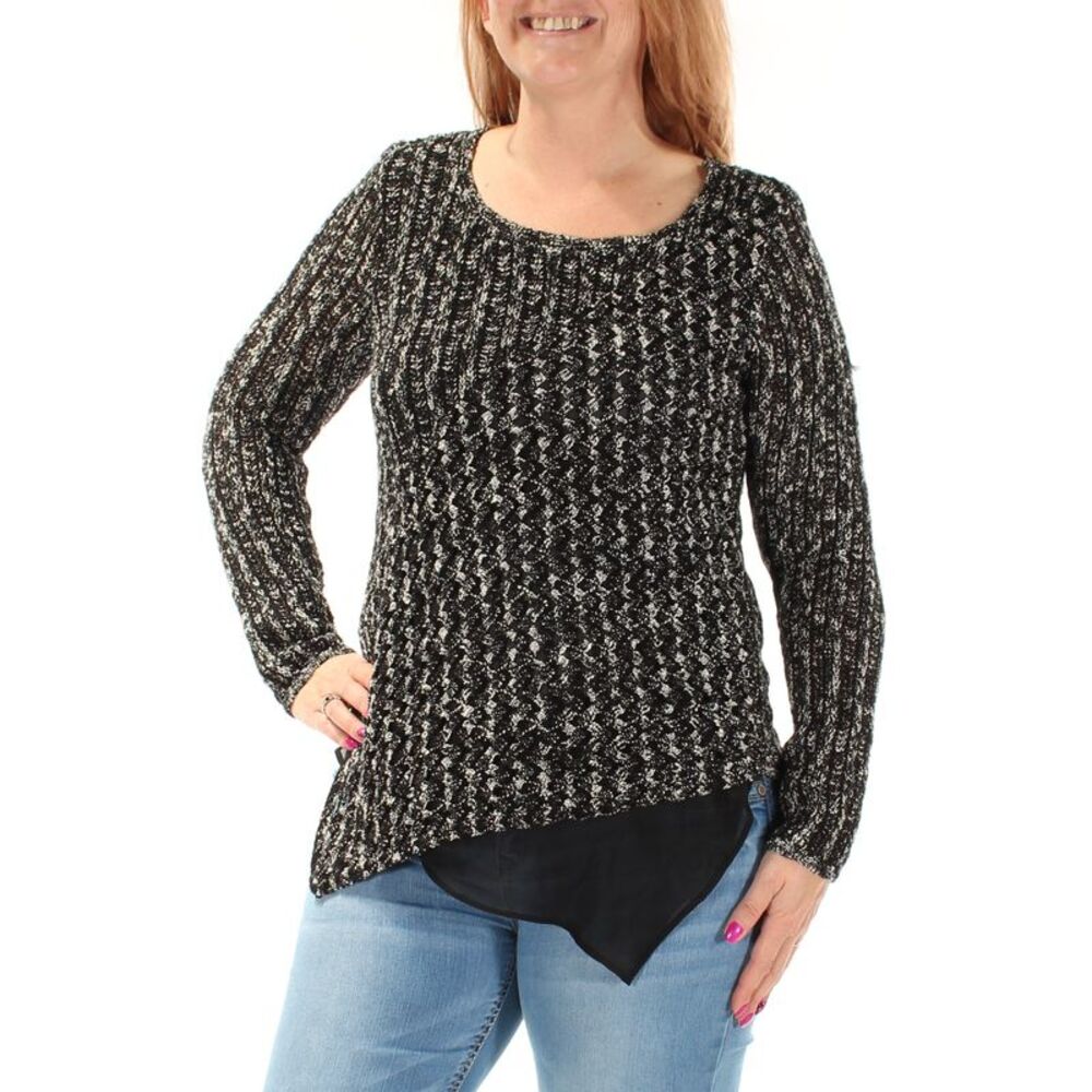INC Womens Black Speckle Long Sleeve Jewel Neck Top Size: L
